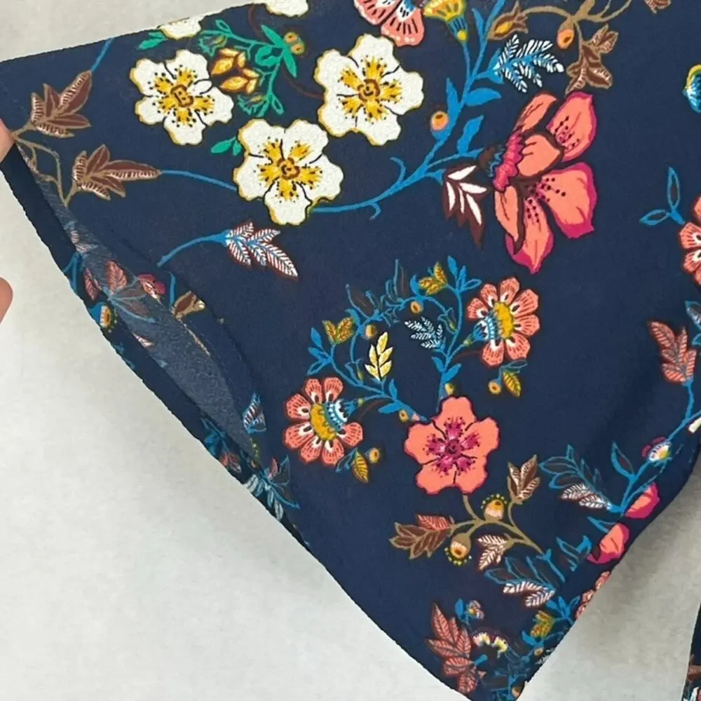Haute Monde Blouse Womens Size XL Navy Floral Short 3/4 Sleeve Back Zip